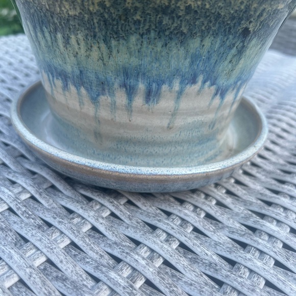 Ceramic Drip Glaze Planter with Saucer - Blue and Brown - Picture 2 of 8